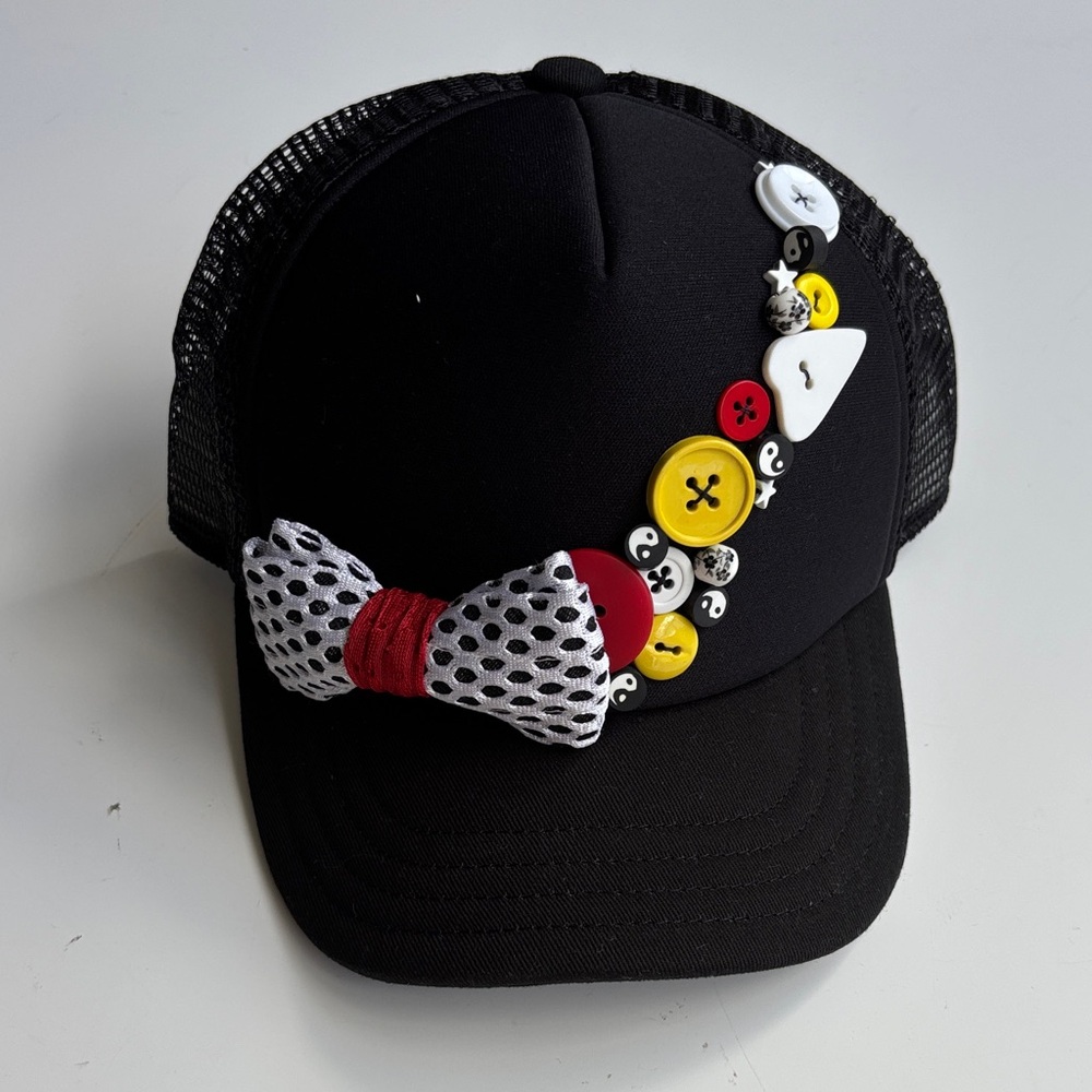 NWT Custom Black Kids Cap Hat with Colorful Button Accents Bow White Yellow Red